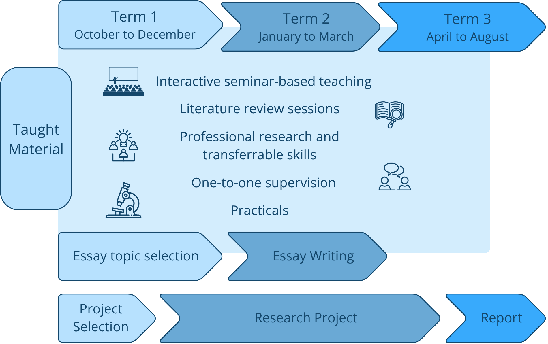Infographic showing the course structure across the academic year as explained in the text